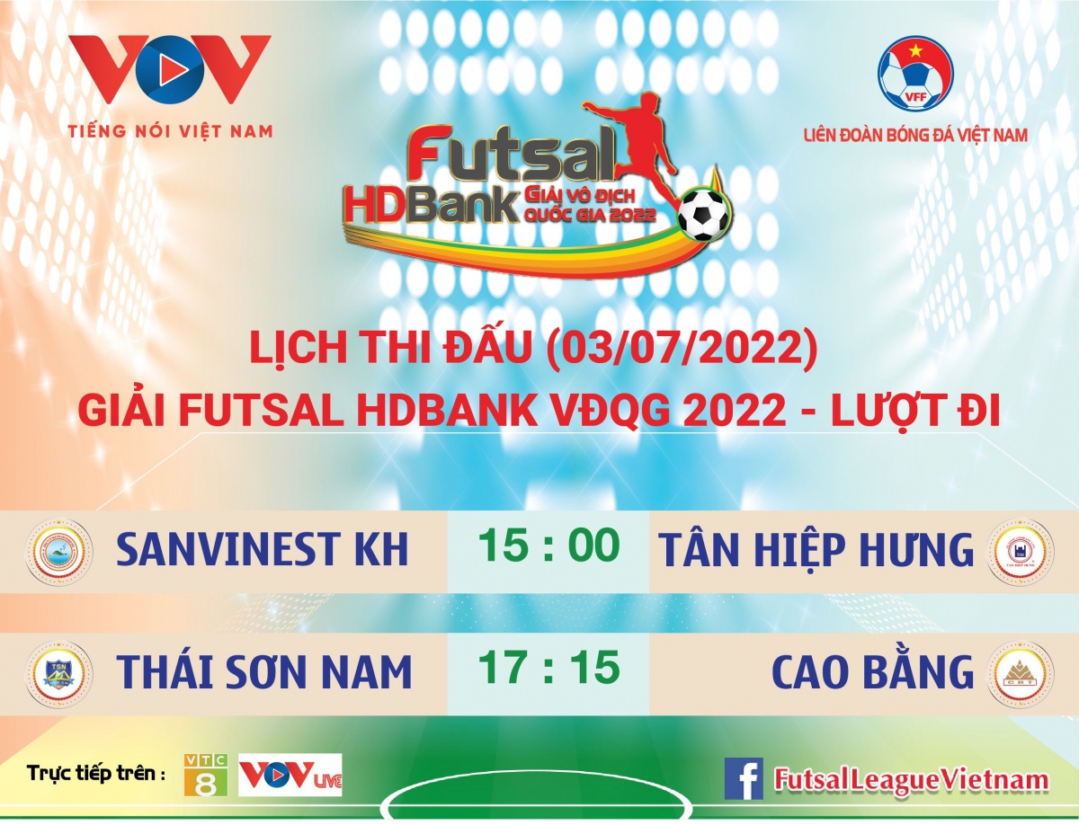 Lịch thi đấu giải Futsal HDBank VĐQG 2022 ngày 3/7