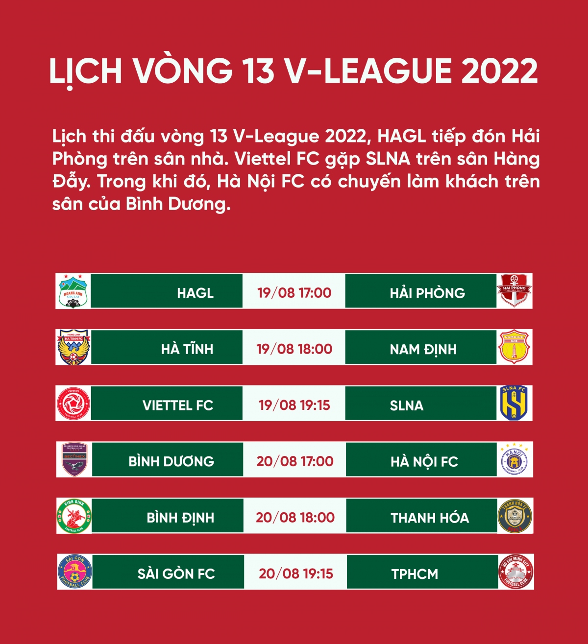 Lịch thi đấu vòng 13 V-League 2022: HAGL đọ sức Hải Phòng