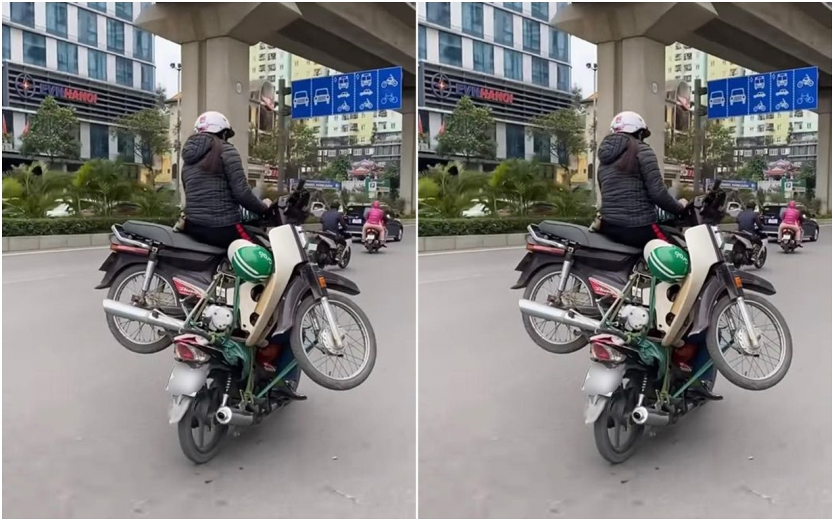 Hai xe máy "làm xiếc" trên đường phố Hà Nội
