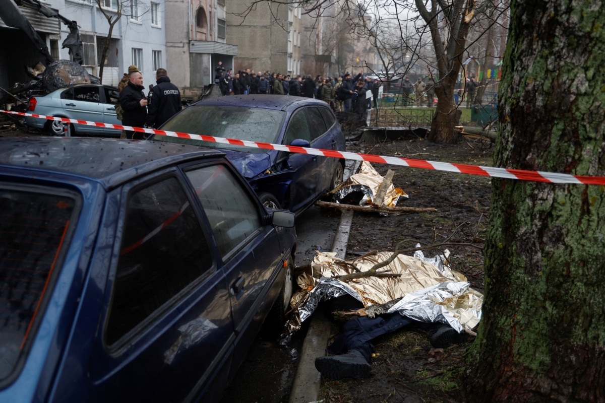 Hiện trường vụ rơi trực thăng làm Bộ trưởng Nội vụ Ukraine thiệt mạng