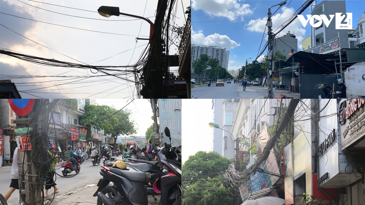 "Mạng nhện" cáp viễn thông và lưới điện giăng khắp phố ở Hà Nội