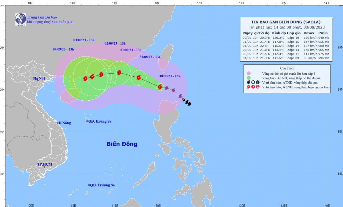 Bão Saola di chuyển theo hướng Tây Tây Bắc, tốc độ khoảng 15 km/h