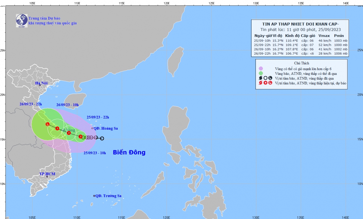 Áp thấp nhiệt đới di chuyển tốc độ 10-15km/h, cách Đà Nẵng khoảng 250km