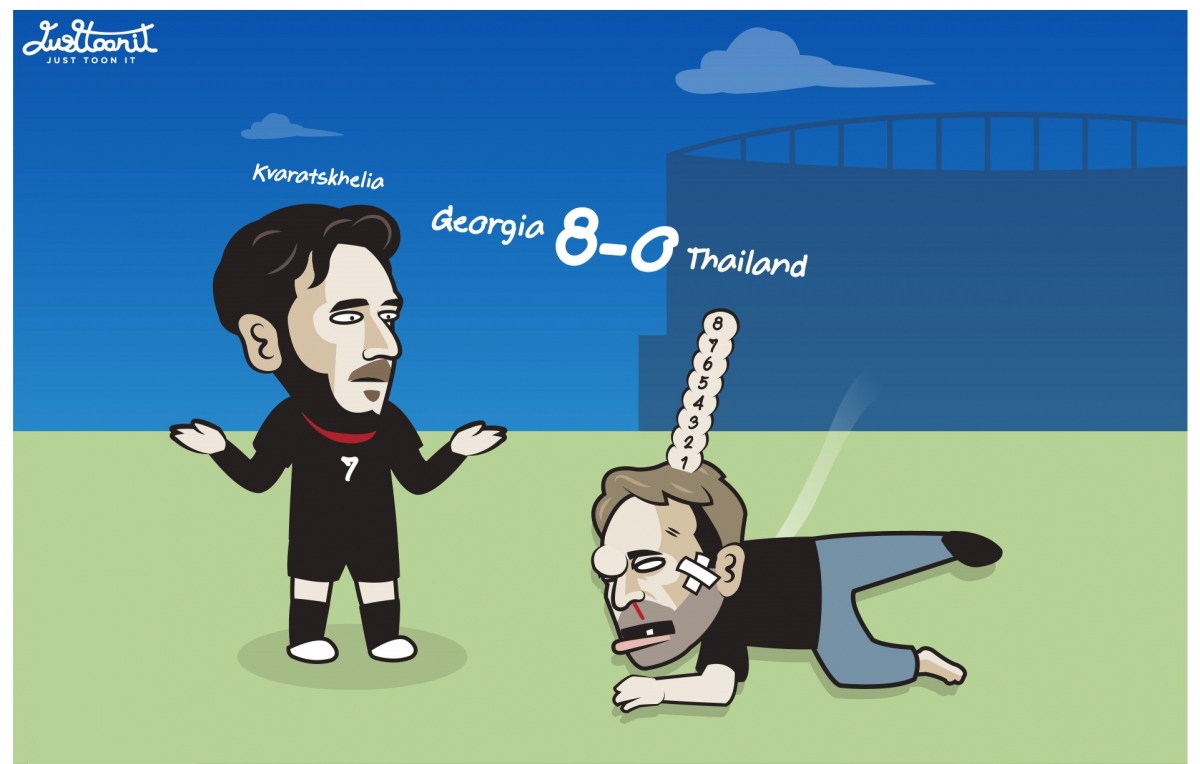 Biếm họa 24h: HLV Polking "choáng váng" khi ĐT Thái Lan thảm bại 0-8 trước Georgia
