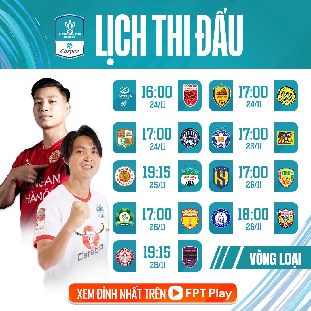 Lịch thi đấu vòng loại Cúp Quốc gia 2023/2024: CLB CAHN đối đầu HAGL