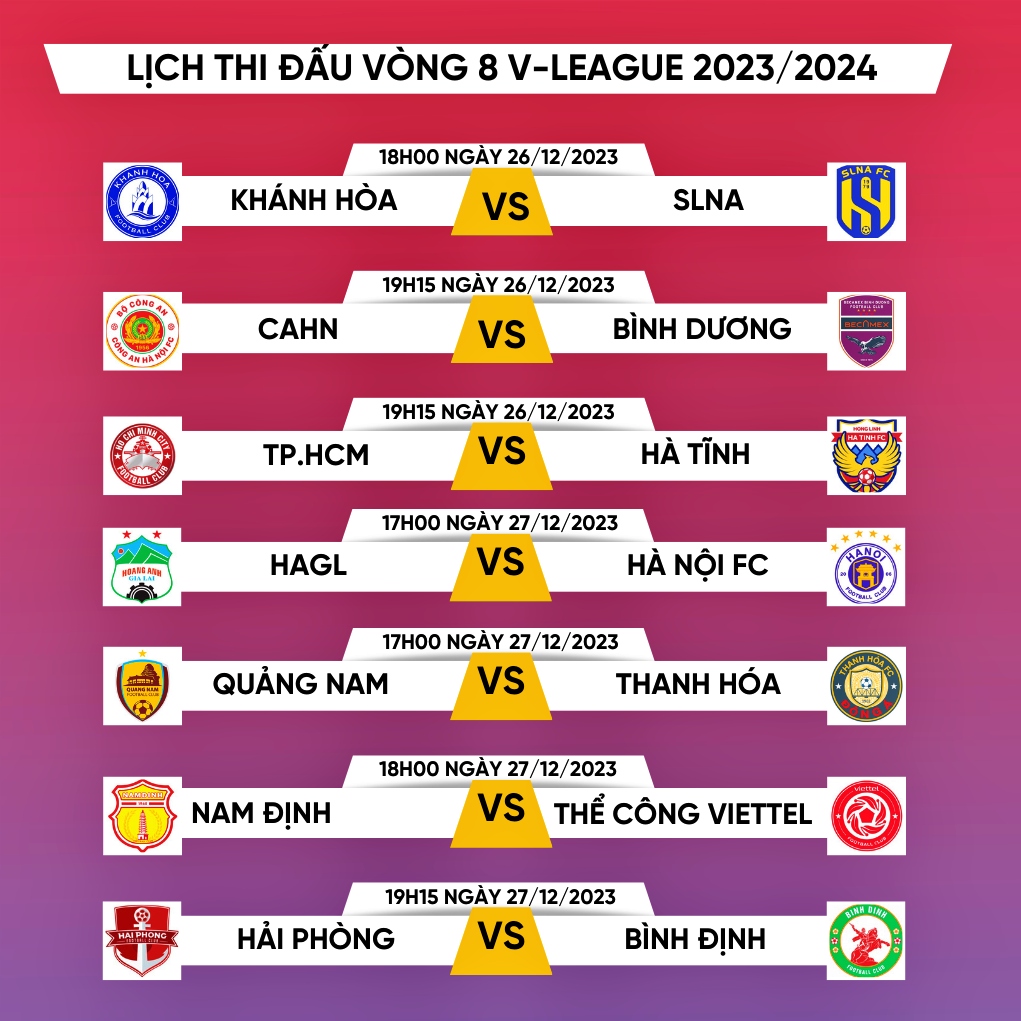 Lịch thi đấu vòng 8 V-League 2023/2024: Nóng ở Pleiku và Hàng Đẫy