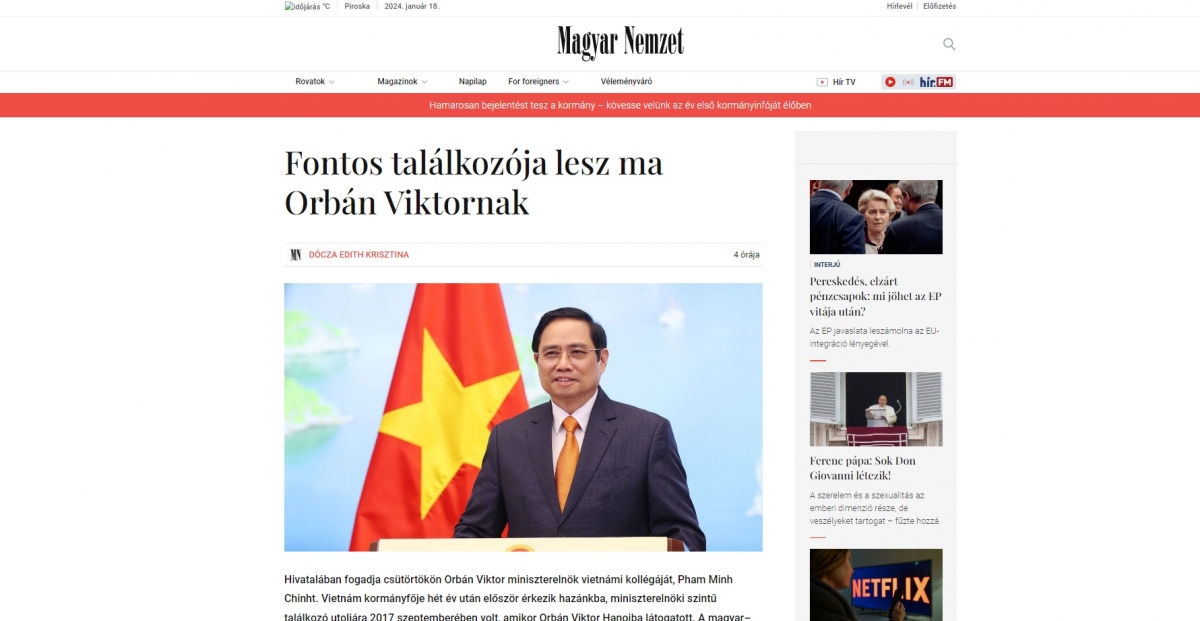 Báo chí Hungary chào mừng chuyến thăm của Thủ tướng Phạm Minh Chính
