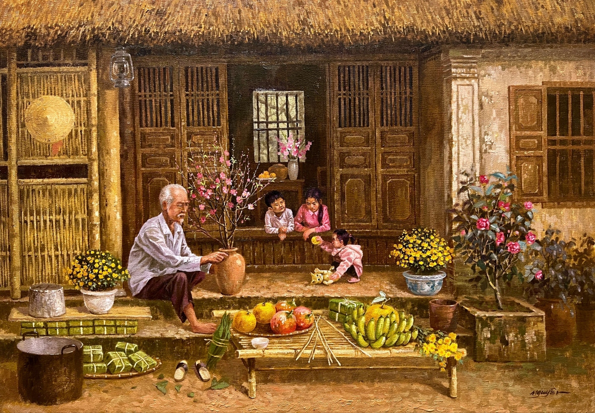Xao xuyến phong vị Tết xưa qua tranh của họa sĩ Trần Nguyên