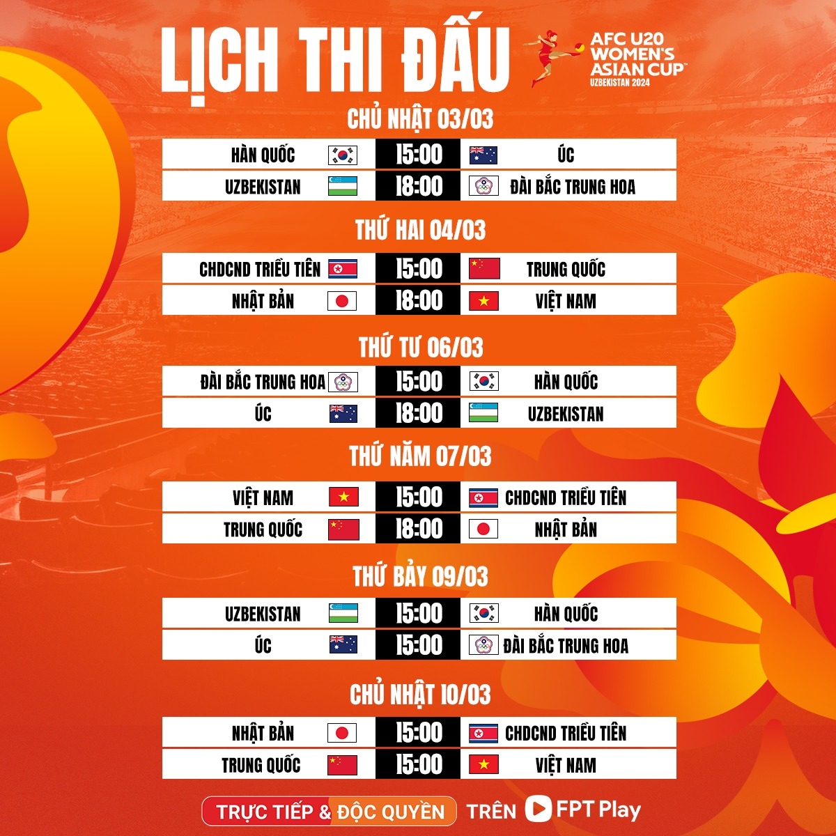 Lịch thi đấu và trực tiếp U20 nữ Việt Nam tại VCK U20 châu Á 2024
