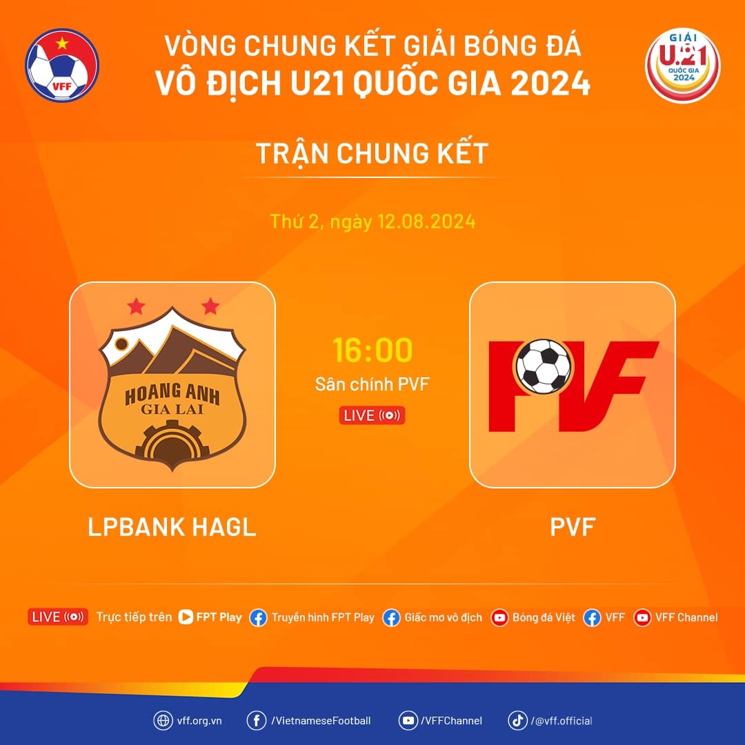 Lịch thi đấu chung kết U21 Quốc gia 2024: U21 HAGL đọ sức U21 PVF