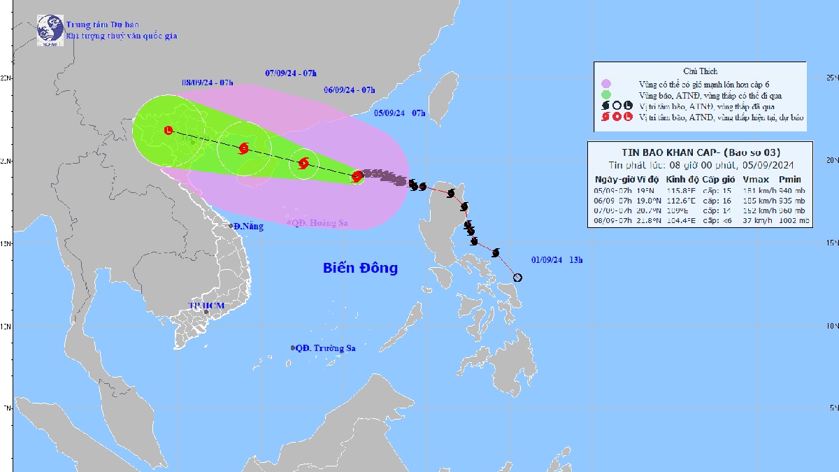 Bão số 3 di chuyển theo hướng Tây, sức gió 183km/h
