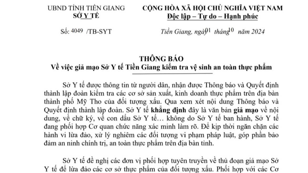 Giả mạo văn bản Sở Y tế tỉnh Tiền Giang về lập đoàn kiểm tra